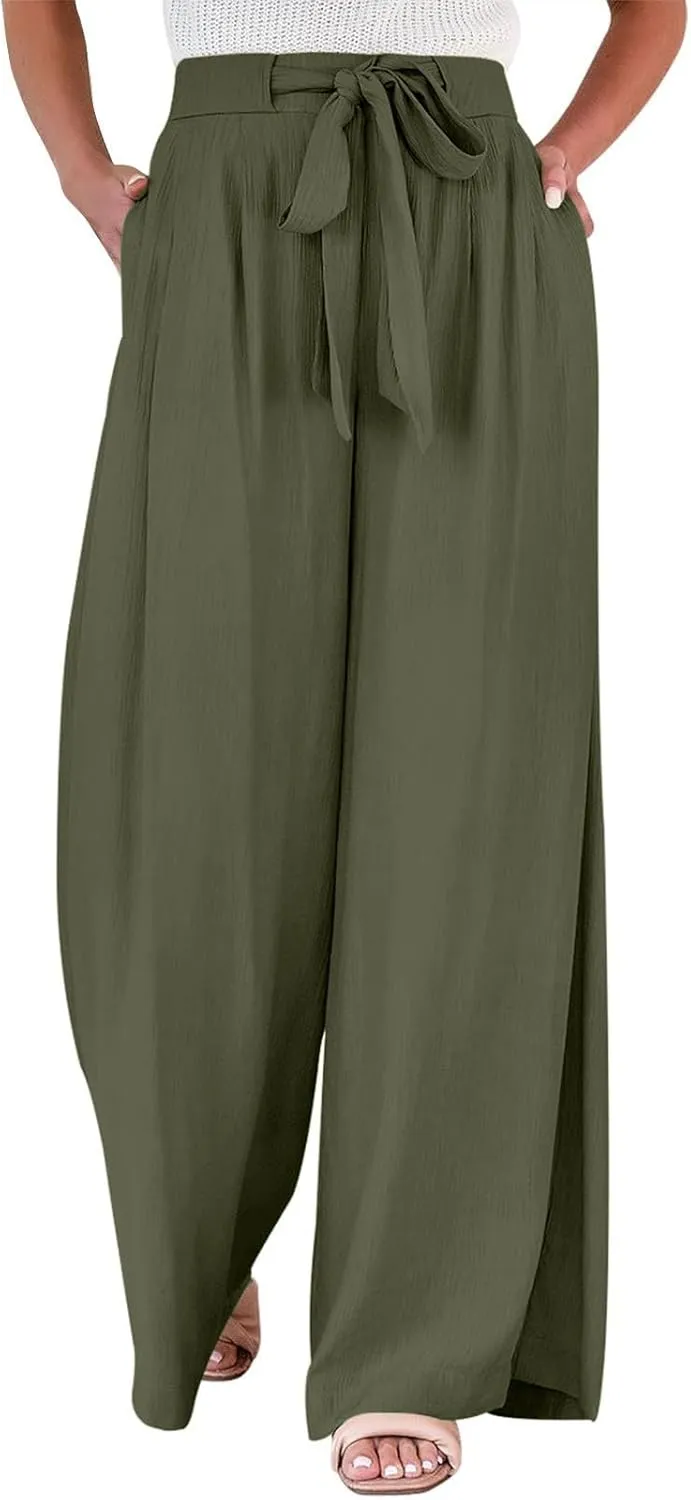 Wide Leg Pants Woman High Waisted Lounge Pants Adjustable Tie Palazzo Pant Flowy Casual Work Trousers with Pockets