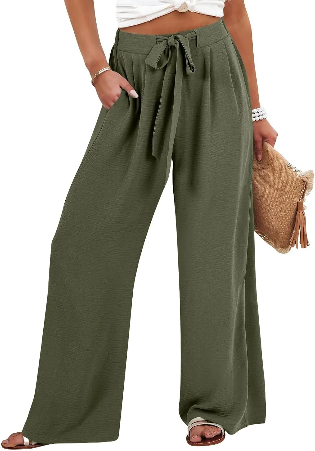 Wide Leg Pants Woman High Waisted Lounge Pants Adjustable Tie Palazzo Pant Flowy Casual Work Trousers with Pockets