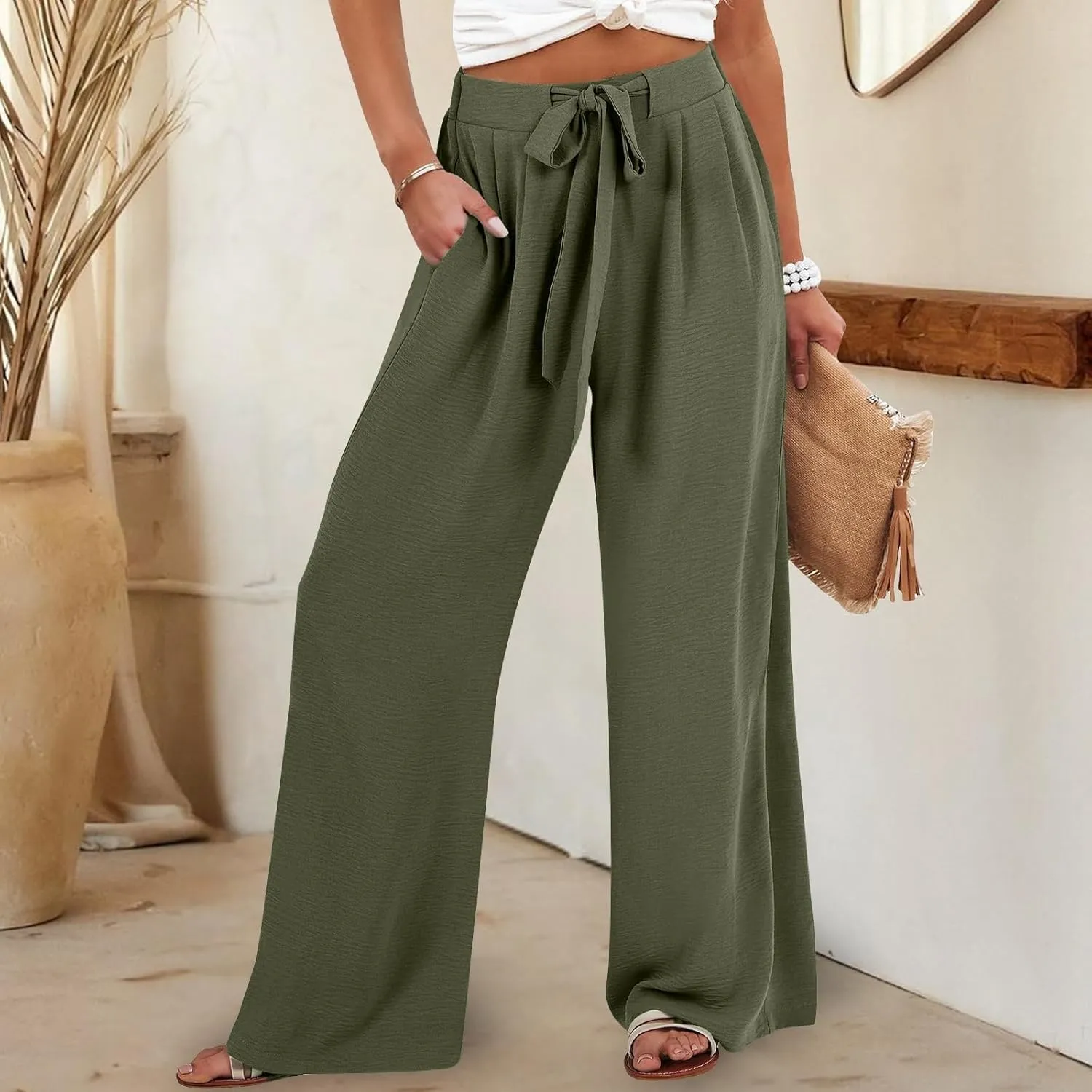 Wide Leg Pants Woman High Waisted Lounge Pants Adjustable Tie Palazzo Pant Flowy Casual Work Trousers with Pockets
