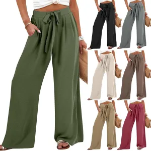 Wide Leg Pants Woman High Waisted Lounge Pants Adjustable Tie Palazzo Pant Flowy Casual Work Trousers with Pockets