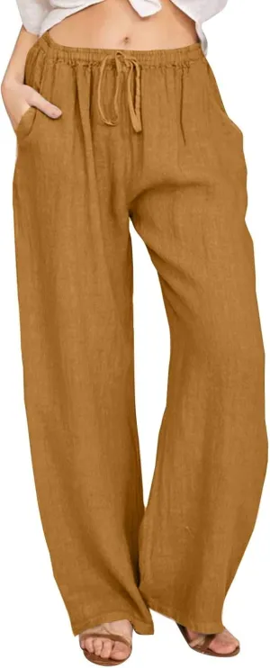 Women Linen Pants Casual High Waist Lightweight Lounge Pants Drawstring Loose Fit Summer Trousers with Pockets
