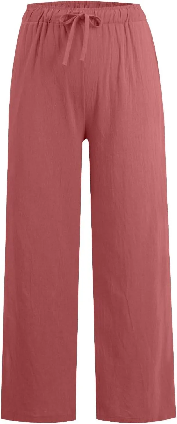 Women Linen Pants Casual High Waist Lightweight Lounge Pants Drawstring Loose Fit Summer Trousers with Pockets