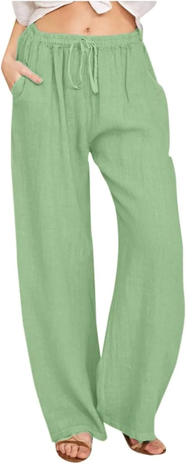Women Linen Pants Casual High Waist Lightweight Lounge Pants Drawstring Loose Fit Summer Trousers with Pockets