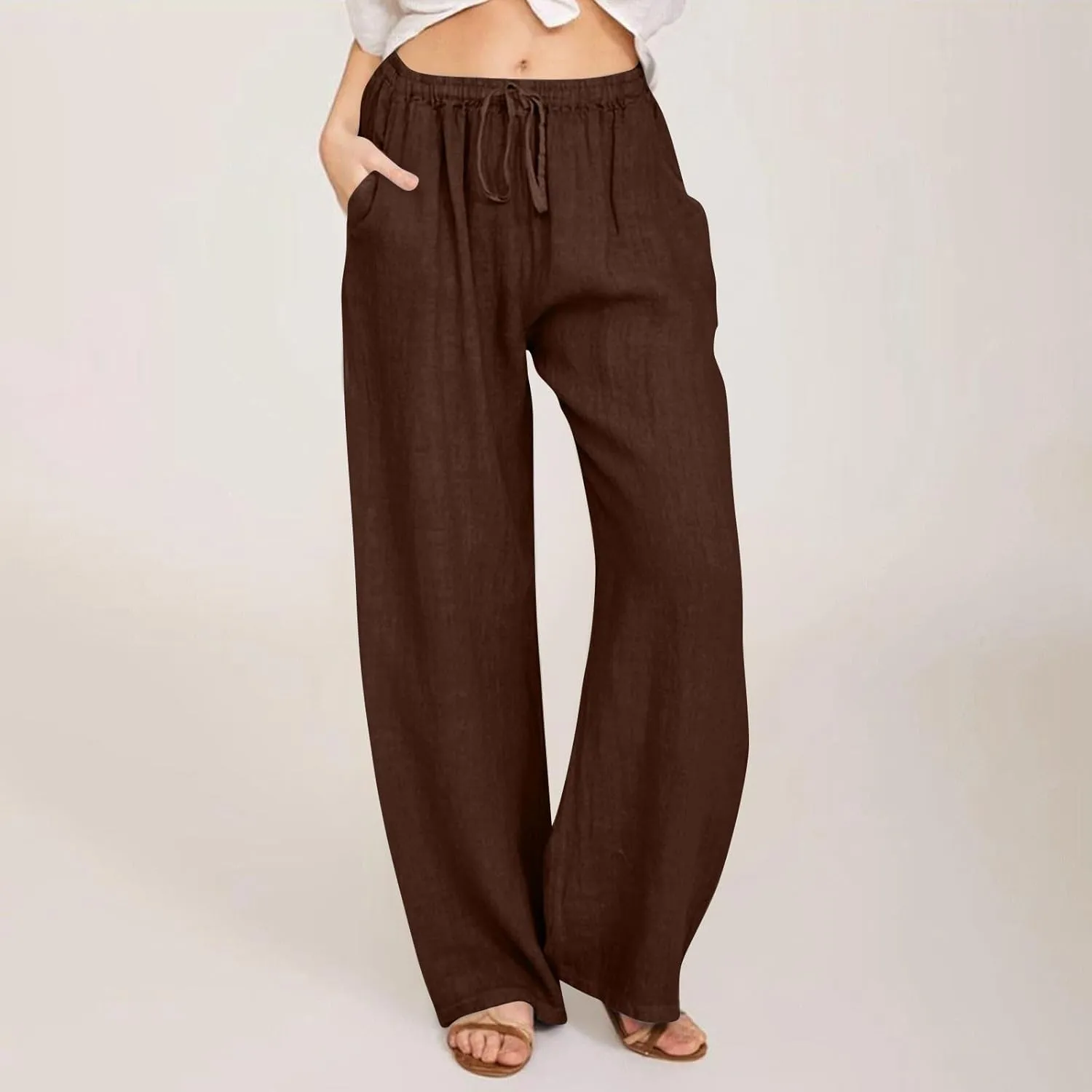 Women Linen Pants Casual High Waist Lightweight Lounge Pants Drawstring Loose Fit Summer Trousers with Pockets