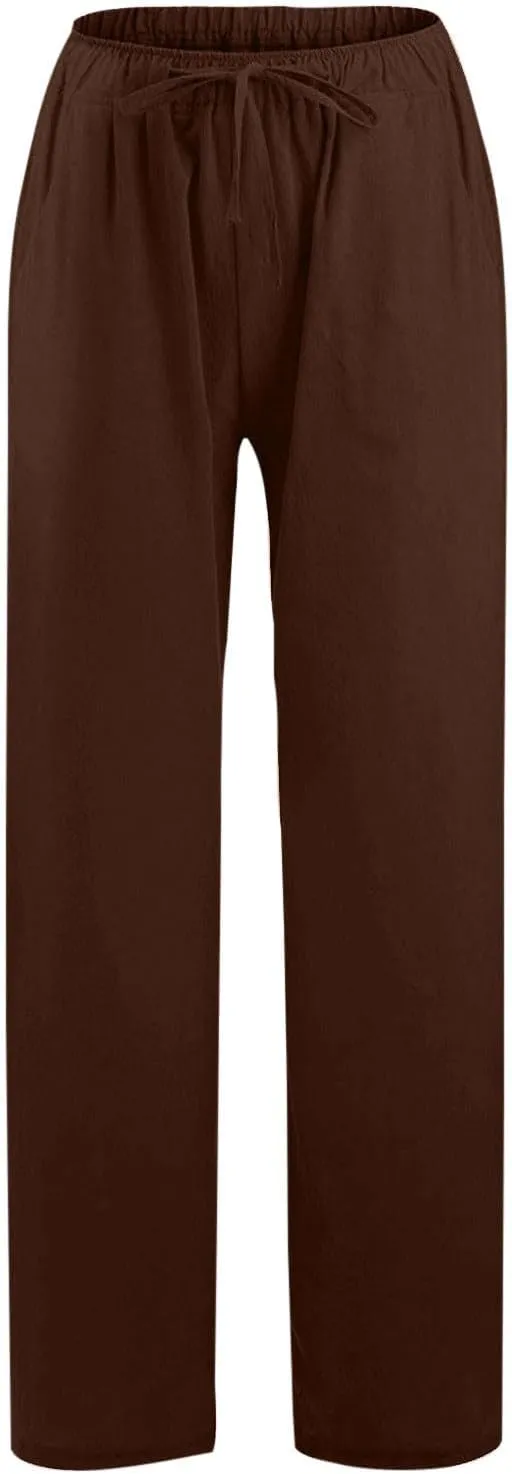 Women Linen Pants Casual High Waist Lightweight Lounge Pants Drawstring Loose Fit Summer Trousers with Pockets