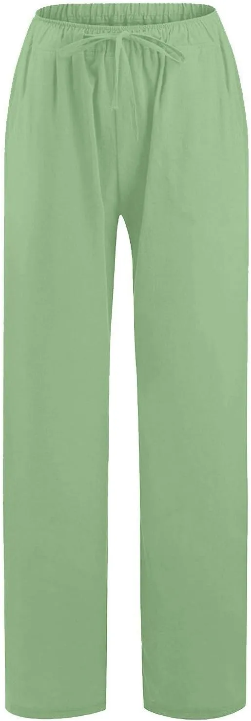 Women Linen Pants Casual High Waist Lightweight Lounge Pants Drawstring Loose Fit Summer Trousers with Pockets