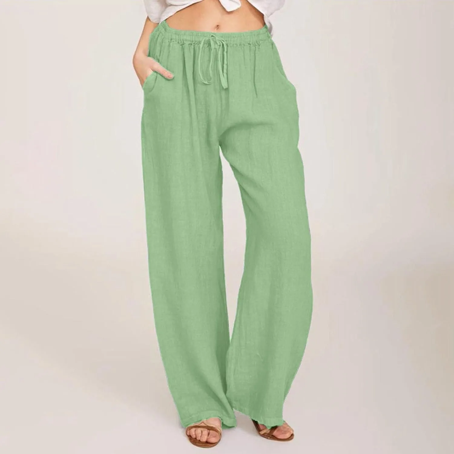 Women Linen Pants Casual High Waist Lightweight Lounge Pants Drawstring Loose Fit Summer Trousers with Pockets