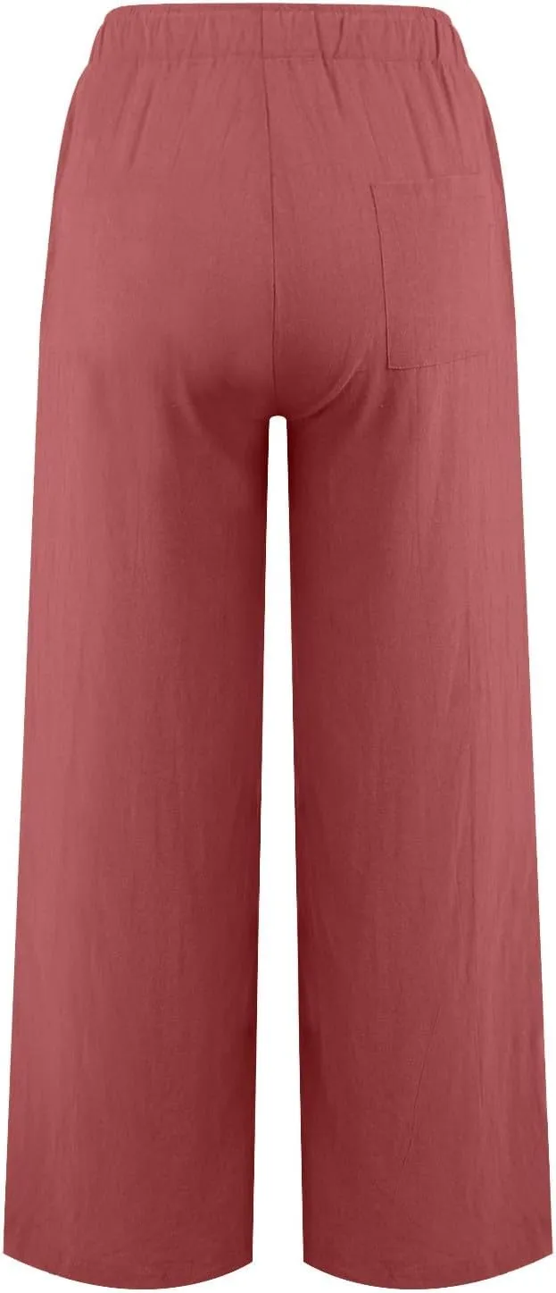 Women Linen Pants Casual High Waist Lightweight Lounge Pants Drawstring Loose Fit Summer Trousers with Pockets