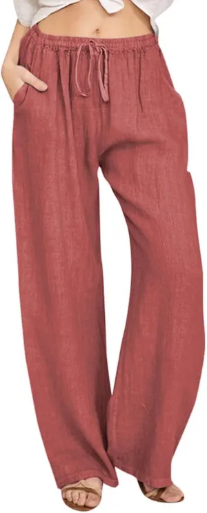 Women Linen Pants Casual High Waist Lightweight Lounge Pants Drawstring Loose Fit Summer Trousers with Pockets