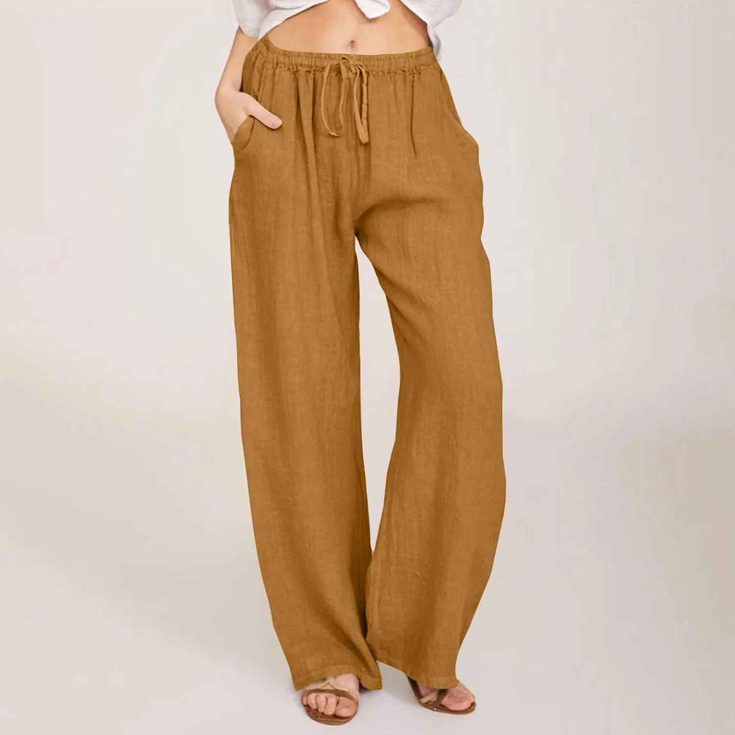 Women Linen Pants Casual High Waist Lightweight Lounge Pants Drawstring Loose Fit Summer Trousers with Pockets