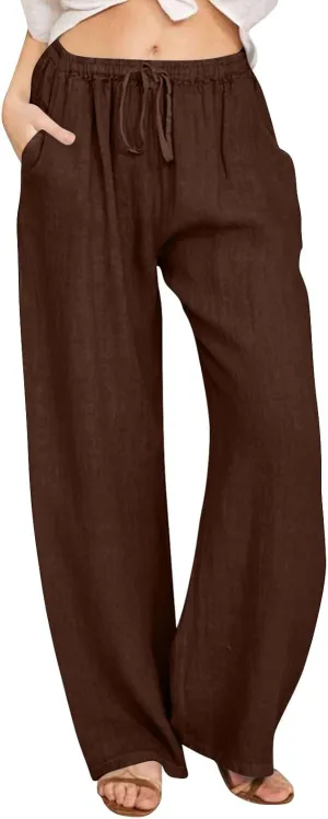 Women Linen Pants Casual High Waist Lightweight Lounge Pants Drawstring Loose Fit Summer Trousers with Pockets