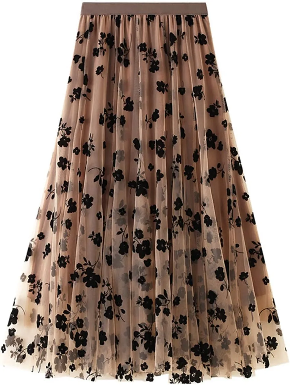 Women's A-Line Fairy Elastic High Waist Mesh Tutu Tulle Midi Skirt