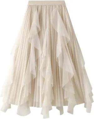 Women's A-Line Fairy Elastic High Waist Mesh Tutu Tulle Midi Skirt