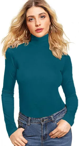 Women's Basic Long Sleeve Turtleneck T-Shirt Solid Casual Slim Cotton Top Base Layers