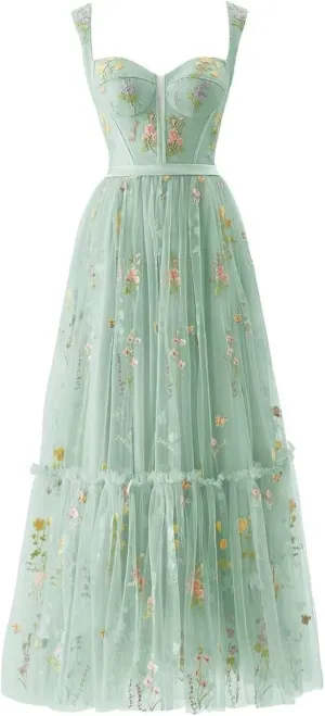 Women's Flower Embroidery Tulle Prom Dresses Tea Length Corset A Line Fairy Formal Evening Party Gown