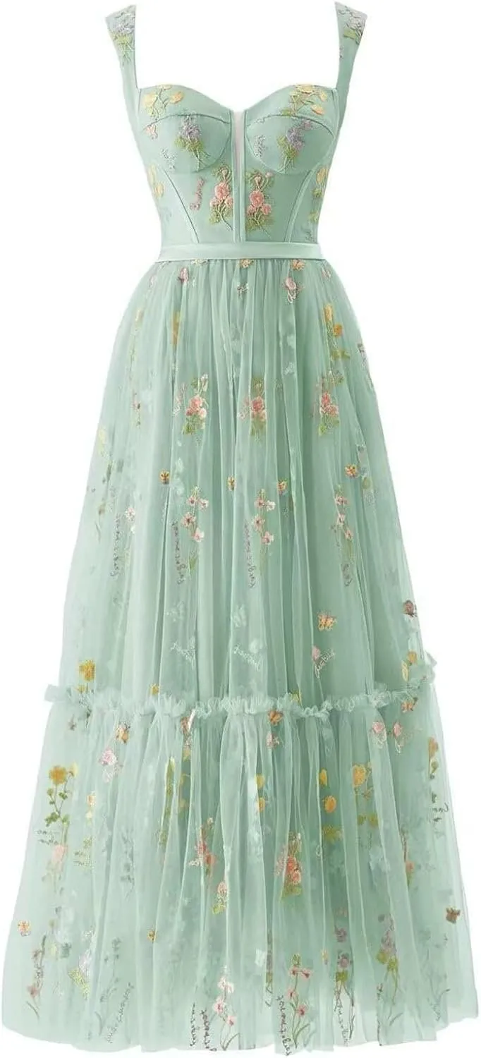 Women's Flower Embroidery Tulle Prom Dresses Tea Length Corset A Line Fairy Formal Evening Party Gown