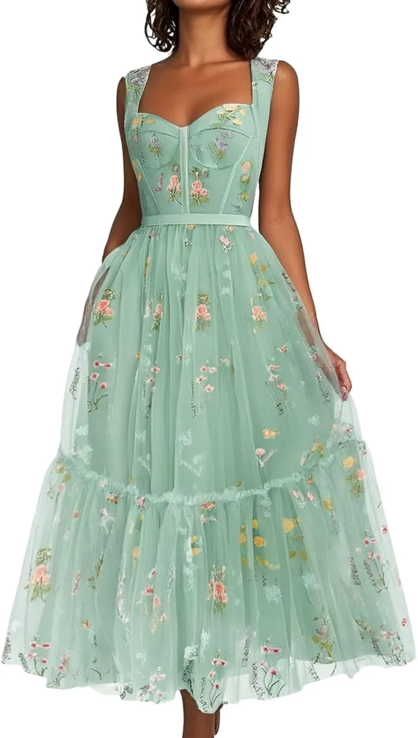Women's Flower Embroidery Tulle Prom Dresses Tea Length Corset A Line Fairy Formal Evening Party Gown