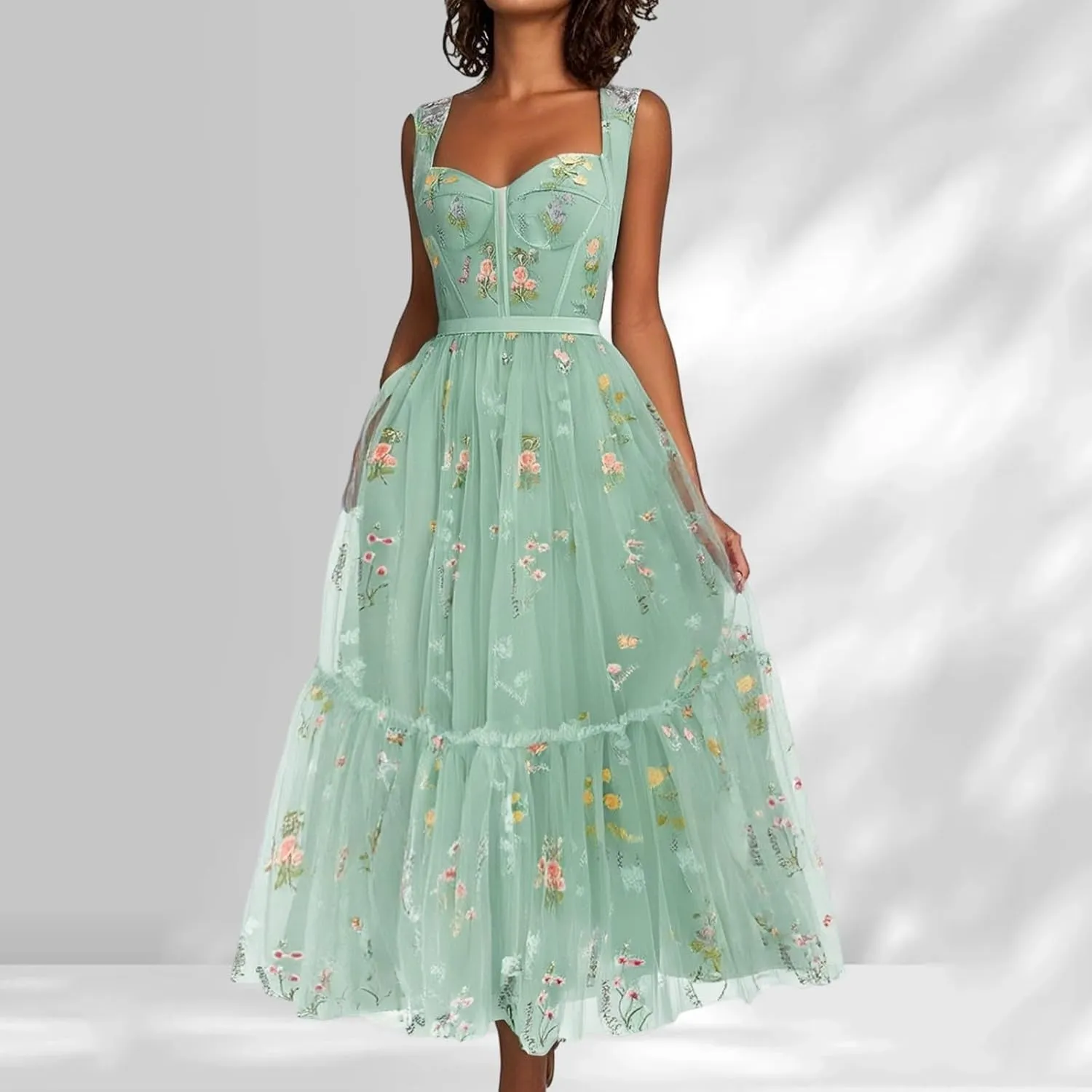 Women's Flower Embroidery Tulle Prom Dresses Tea Length Corset A Line Fairy Formal Evening Party Gown