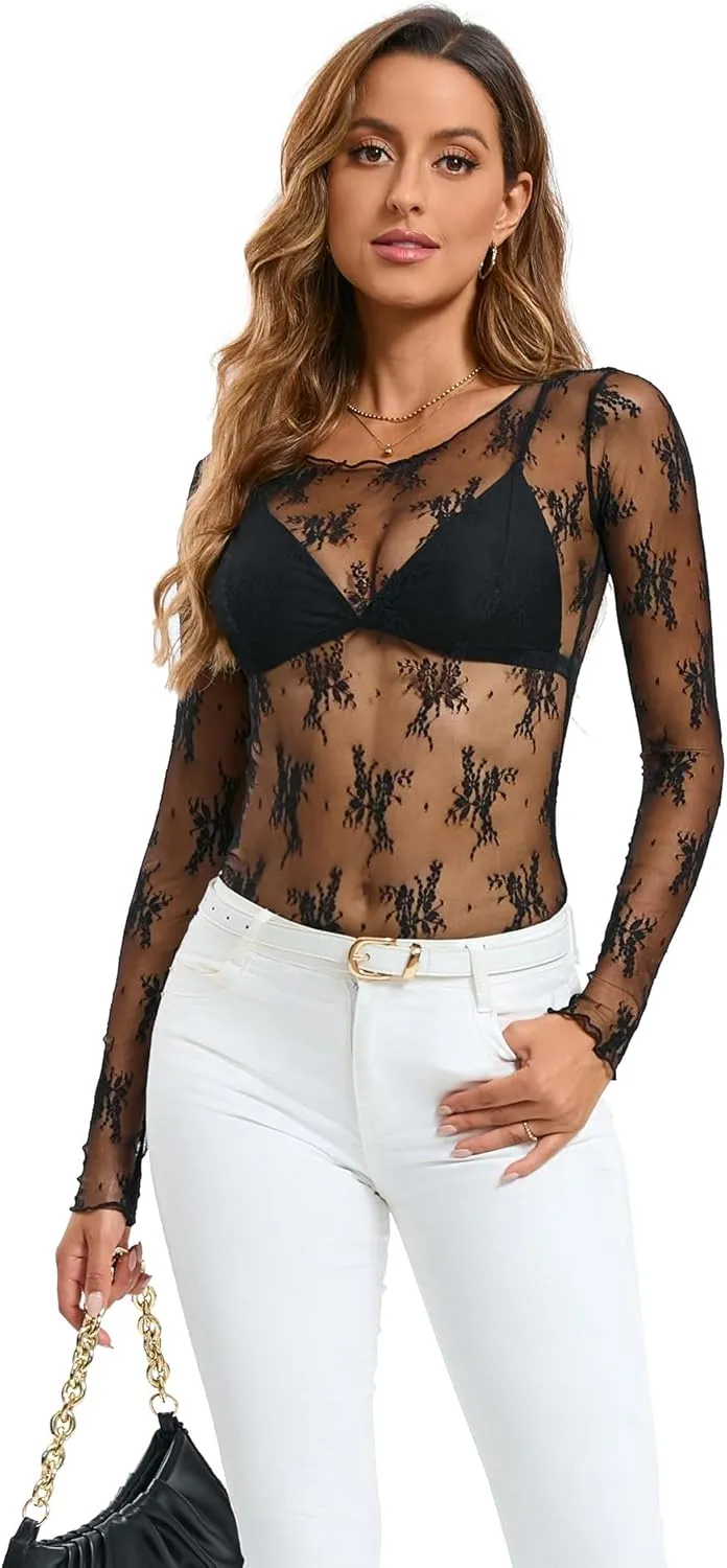 Women's Mesh Tops See Through Shirts Long Sleeve Bodycon Clubwear Crop Sheer Blouses