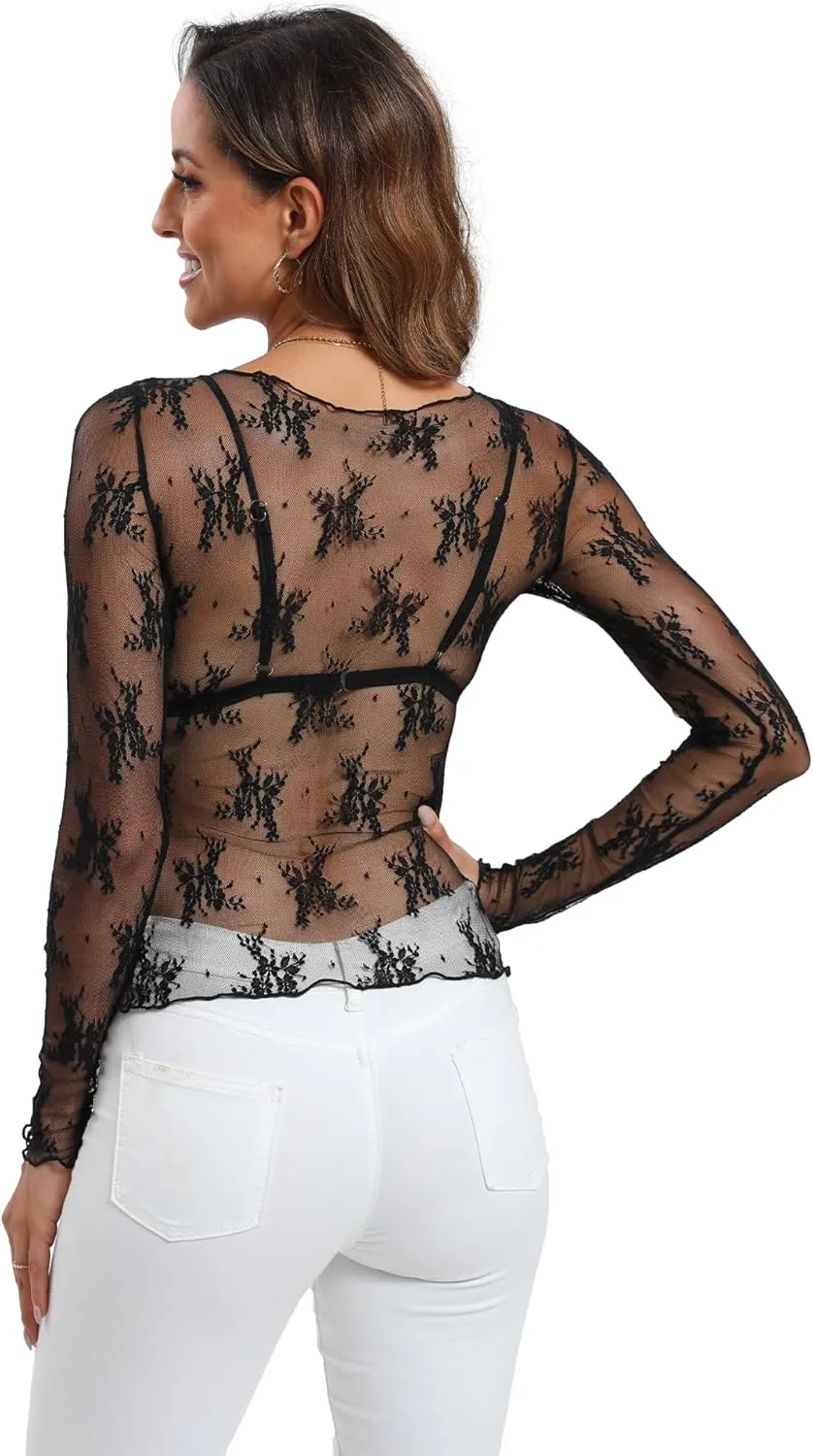 Women's Mesh Tops See Through Shirts Long Sleeve Bodycon Clubwear Crop Sheer Blouses