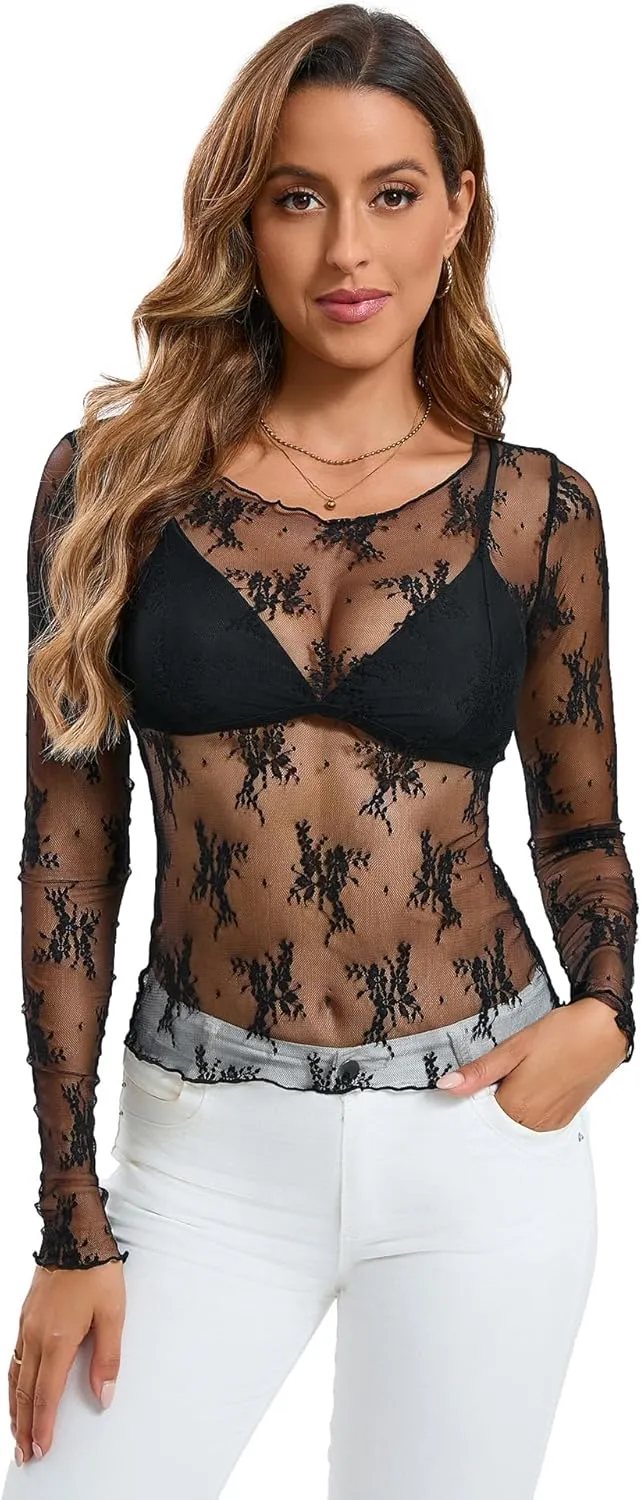 Women's Mesh Tops See Through Shirts Long Sleeve Bodycon Clubwear Crop Sheer Blouses