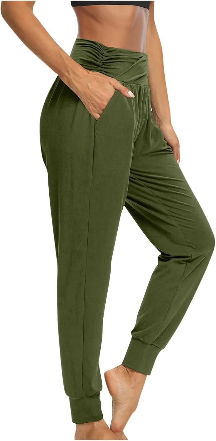 Women's Solid Color Jogger Pants Lightweight Elastic Waisted Pleated Pants with Pocket Running Casual Outdoor Pants