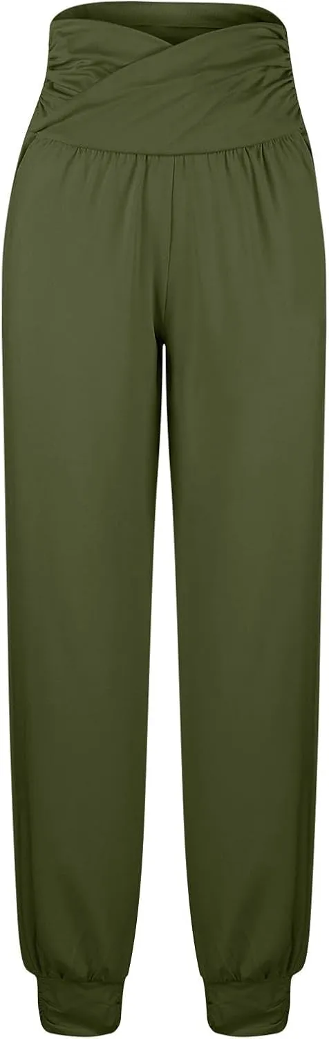 Women's Solid Color Jogger Pants Lightweight Elastic Waisted Pleated Pants with Pocket Running Casual Outdoor Pants