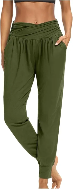 Women's Solid Color Jogger Pants Lightweight Elastic Waisted Pleated Pants with Pocket Running Casual Outdoor Pants