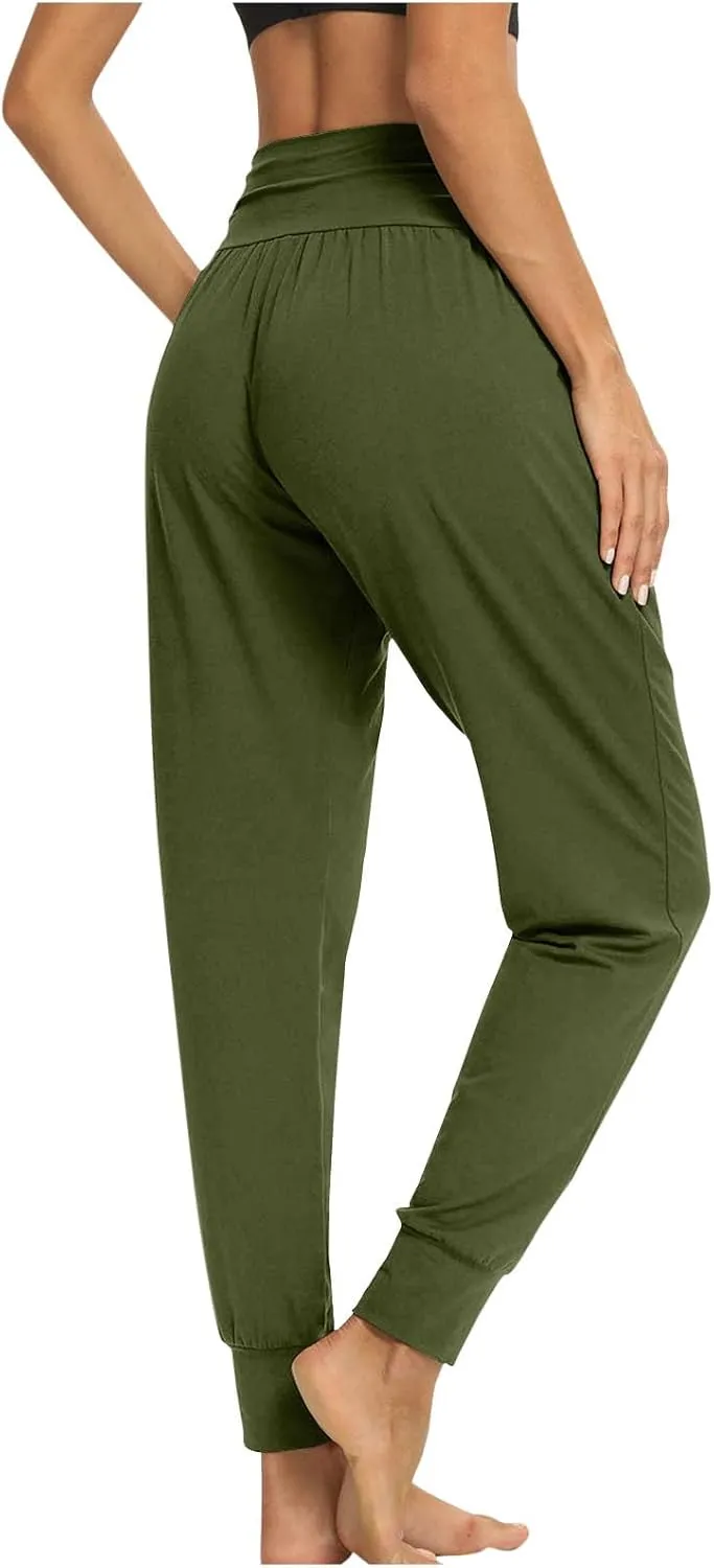 Women's Solid Color Jogger Pants Lightweight Elastic Waisted Pleated Pants with Pocket Running Casual Outdoor Pants