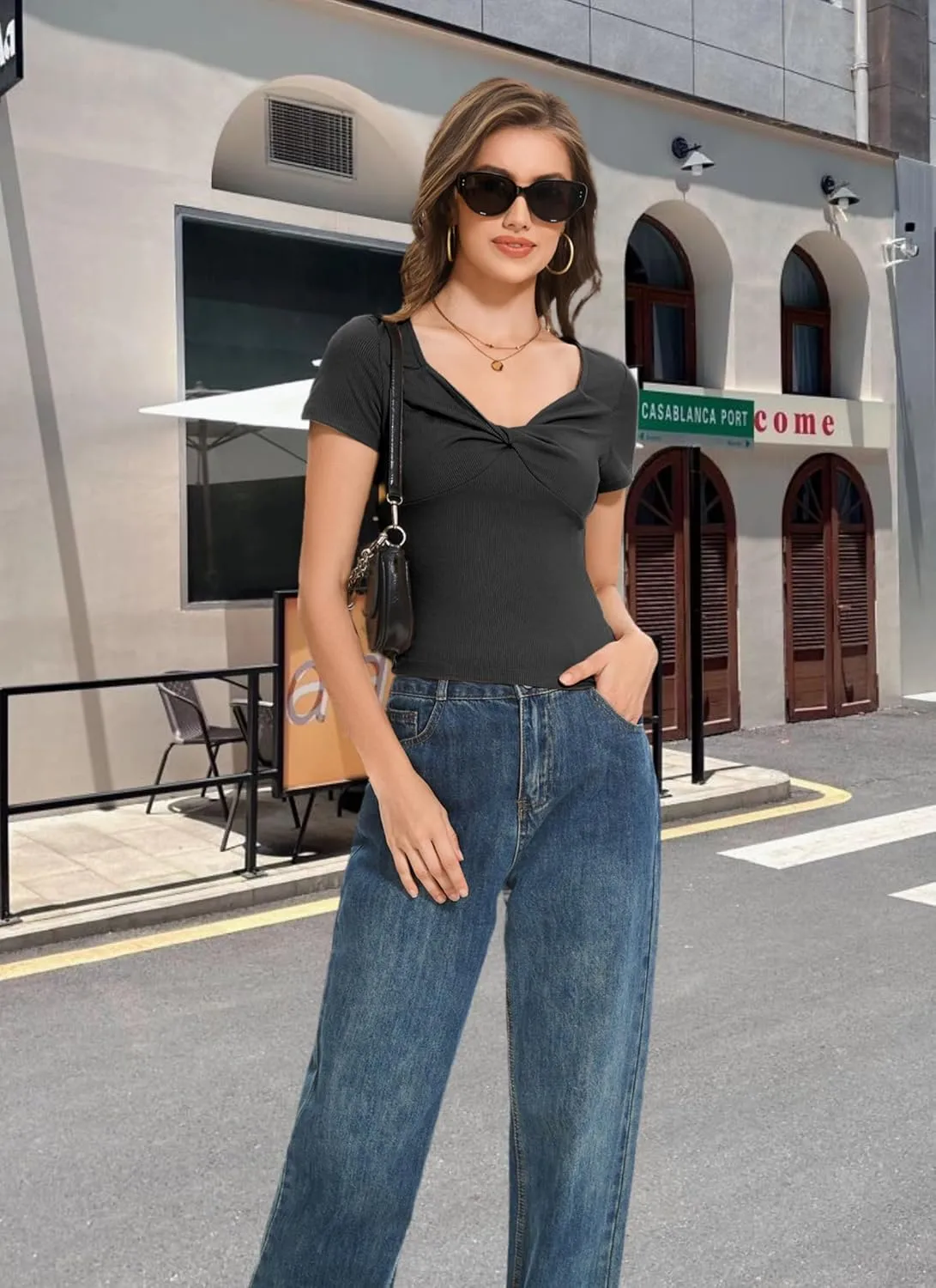 Womens Summer Cute Crop Tops Sweetheart V Neck Causal Short Sleeve T Shirts Twist Knot Going Out Y2K Clothes