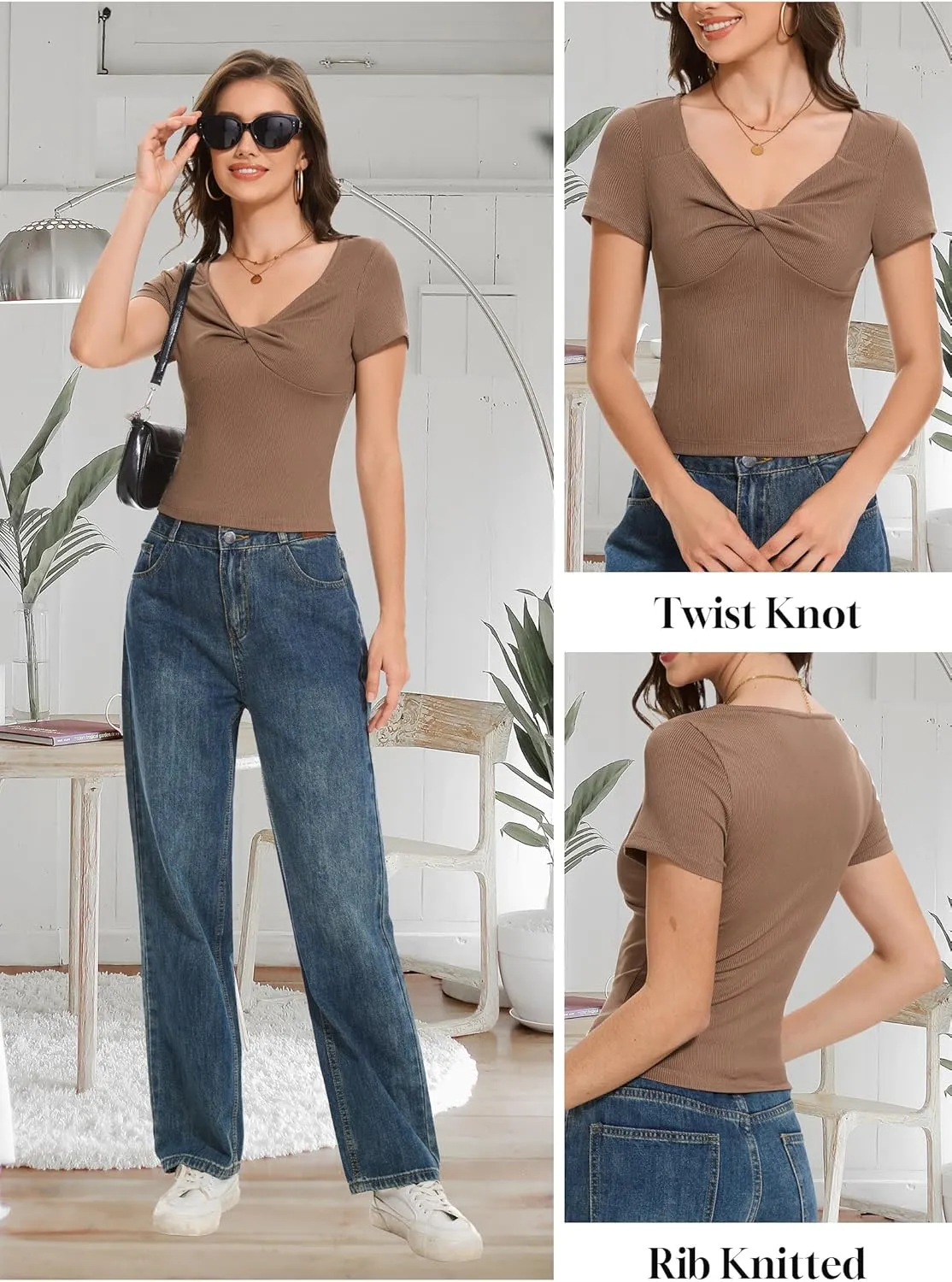 Womens Summer Cute Crop Tops Sweetheart V Neck Causal Short Sleeve T Shirts Twist Knot Going Out Y2K Clothes