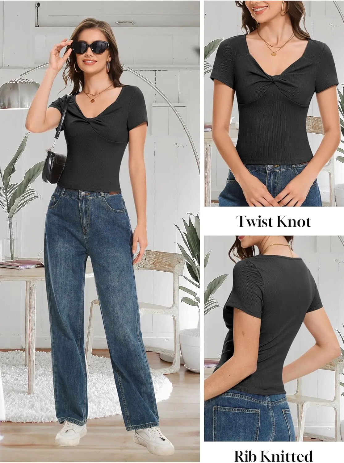 Womens Summer Cute Crop Tops Sweetheart V Neck Causal Short Sleeve T Shirts Twist Knot Going Out Y2K Clothes