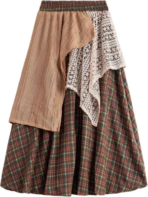 Women's Vintage Plaid Midi Skirt Casual Stretchy A-line High Waist Skirt