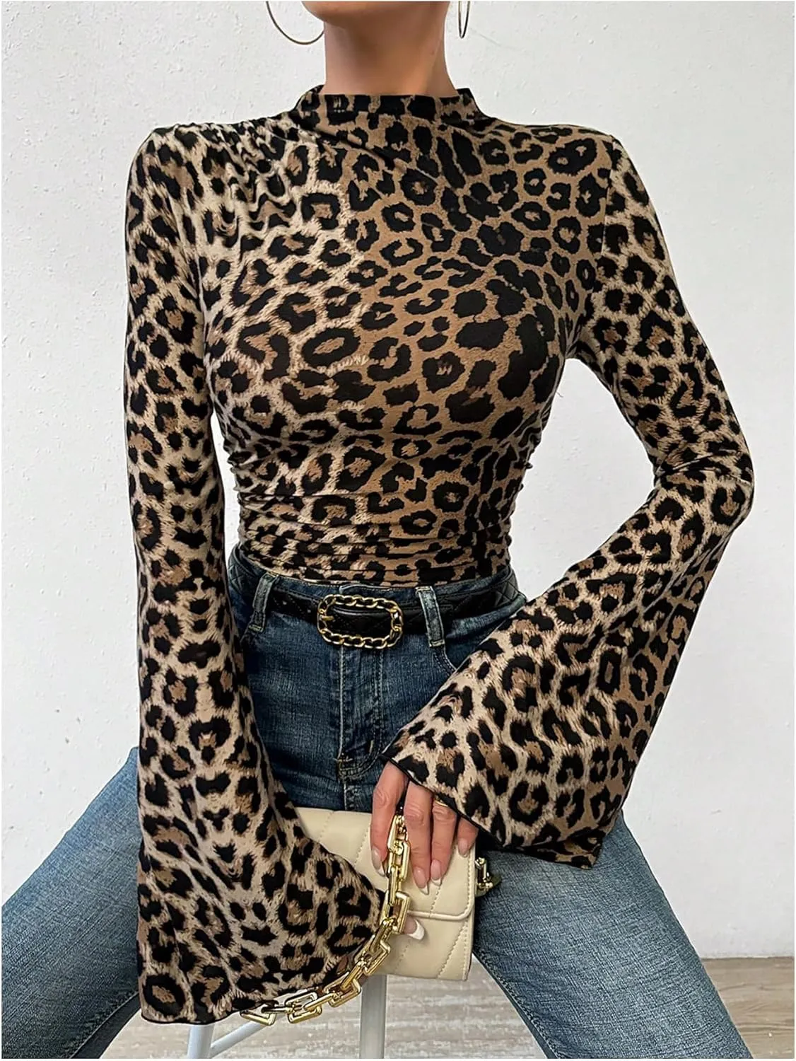 Women's Y2K Leopard Print Top Mock Neck Ruched Shirt Cheetah Print Tee Shirt Long Bell Sleeve Slim Fit T Shirt