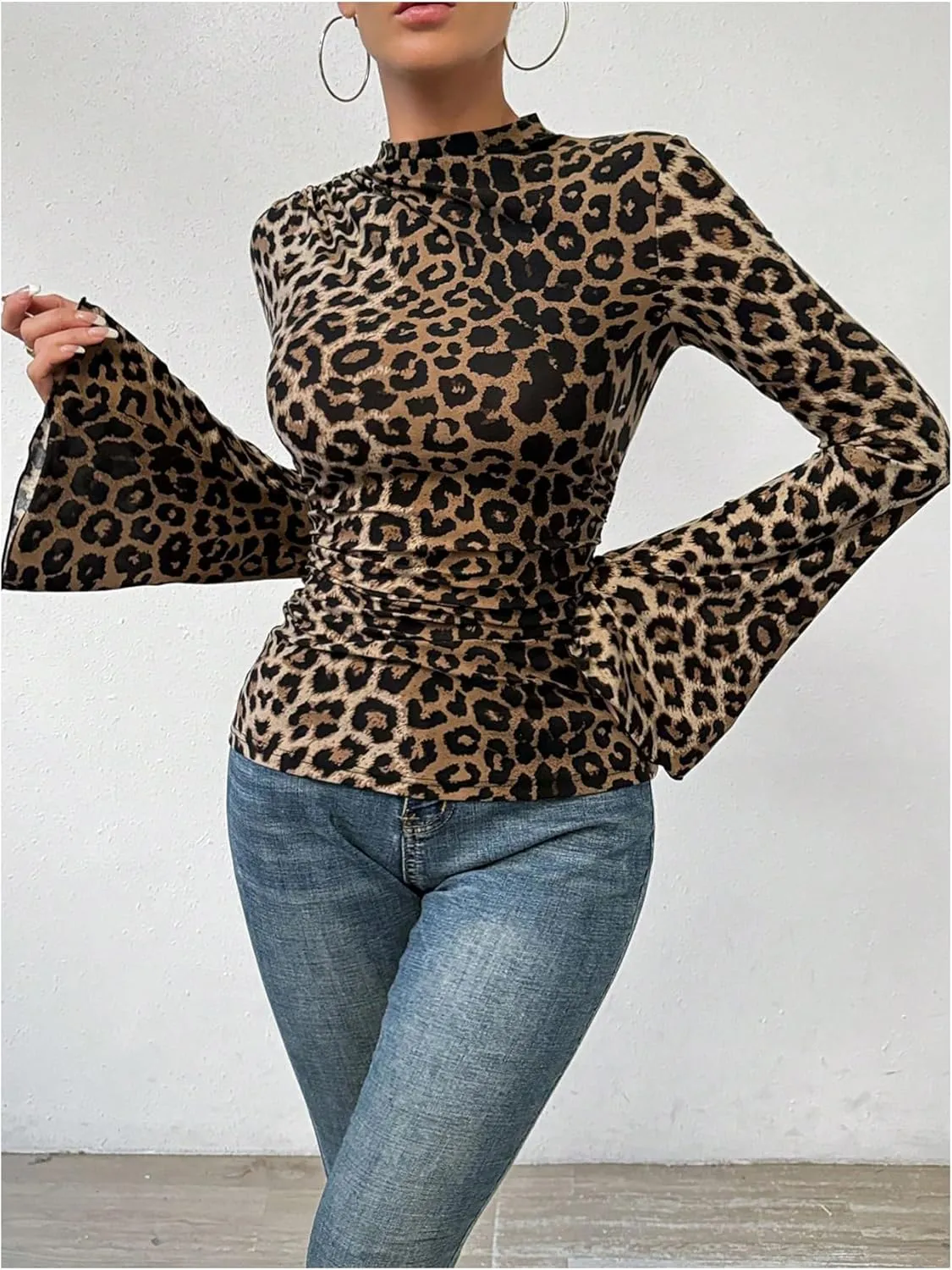 Women's Y2K Leopard Print Top Mock Neck Ruched Shirt Cheetah Print Tee Shirt Long Bell Sleeve Slim Fit T Shirt