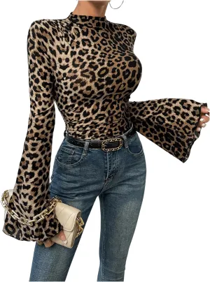 Women's Y2K Leopard Print Top Mock Neck Ruched Shirt Cheetah Print Tee Shirt Long Bell Sleeve Slim Fit T Shirt