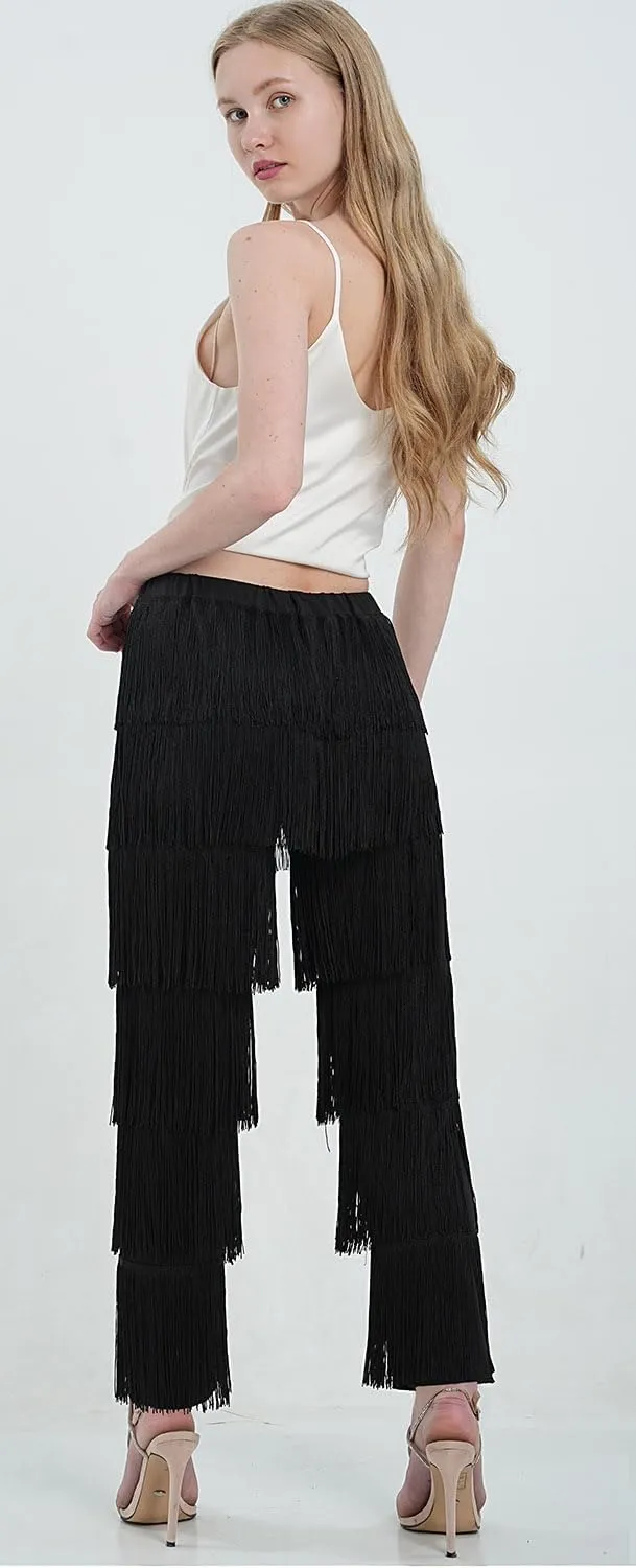 ZBH1985 Women's Latin Dance Pants Tassel Ballroom Dance Professional Black Adult Fringe Rumba Tango Salsa Practice Pants